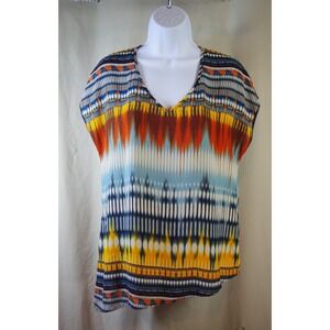 Energe by One World Womens Small‎ Ikat Tribal Print V-Neck Asymmetrical Blouse